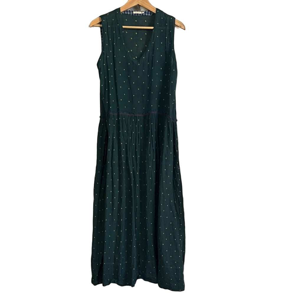 Injiri handloomed cotton Sleeveless Emerald Maxi Dress with Gold Dot Accent
